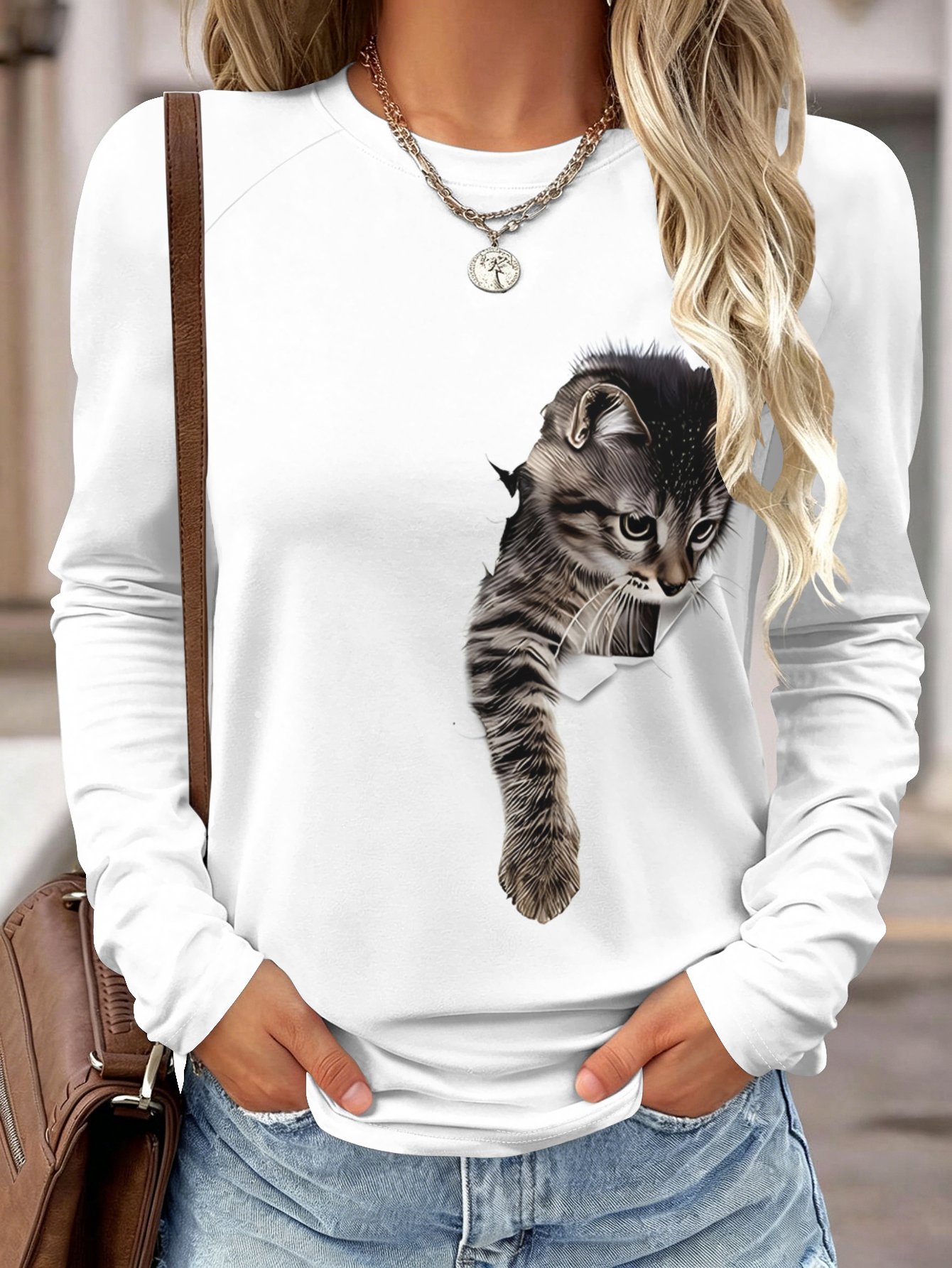 Blouses - Women Long Sleeve Shirt Pocket Cat