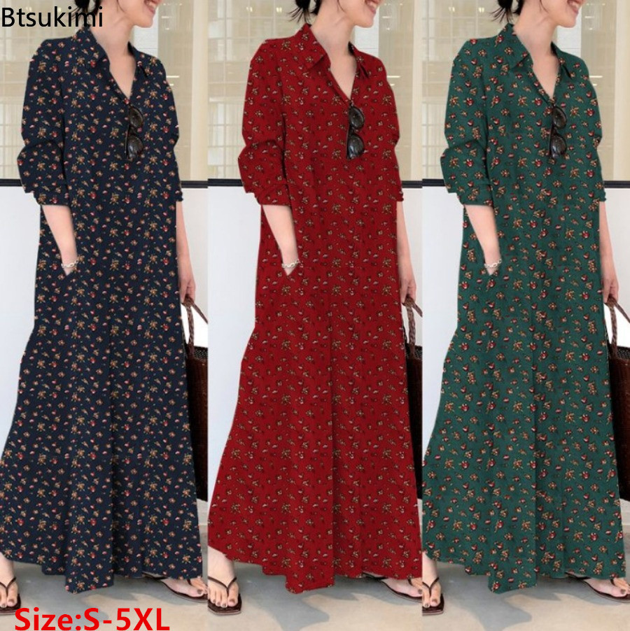 New Women's Print Long Style S - огляд і ціна Casual Loose Linen Shirt Dress